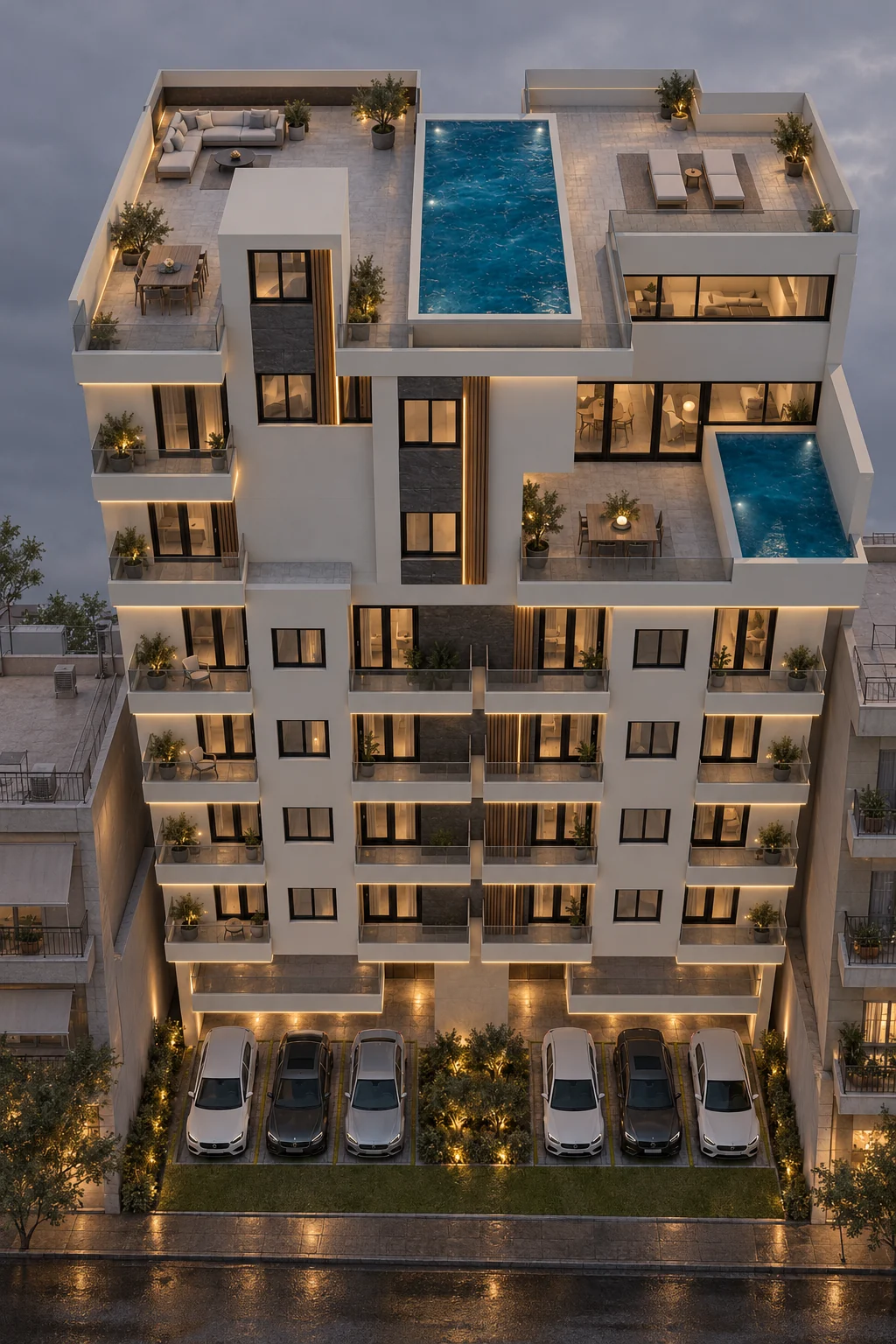 Ilektras 7–9 · Building facade at twilight